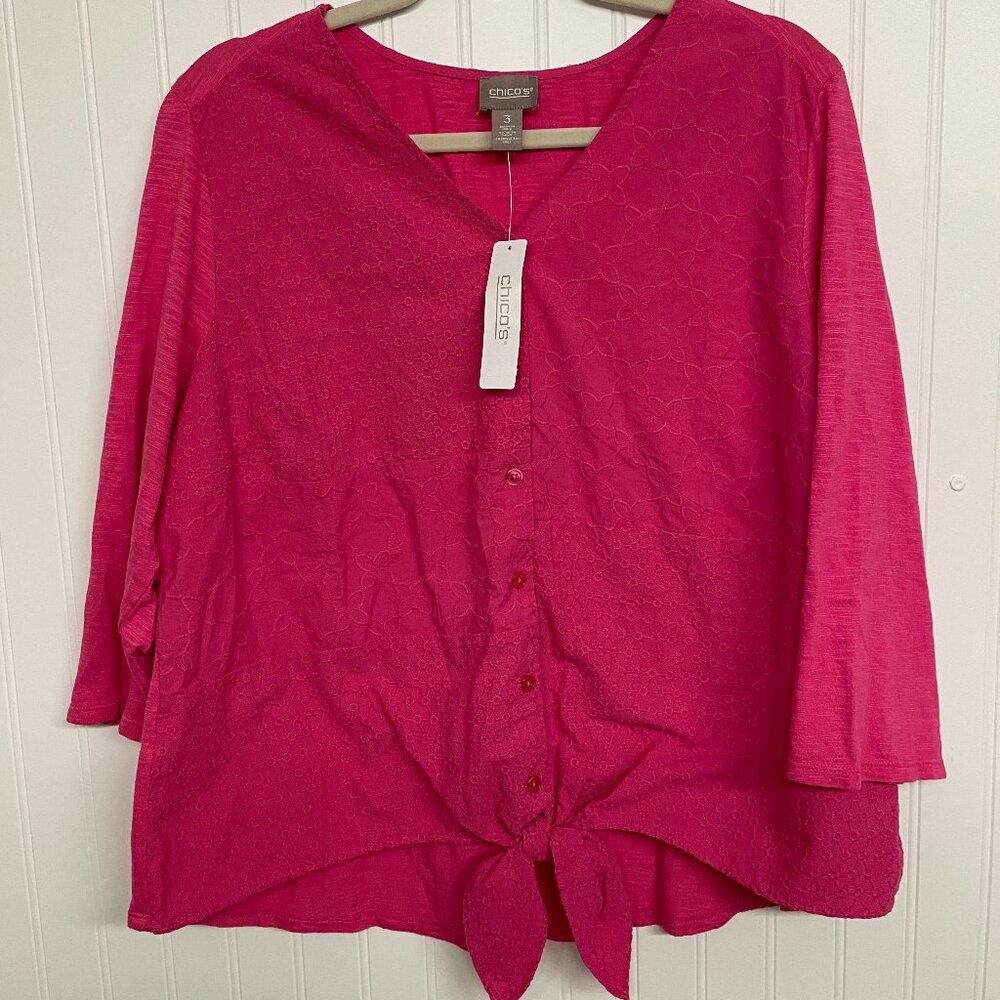 Chico's NWT Cotton Pink Shirt Sz 3 High Low With Tie Button Down Cottage Core
